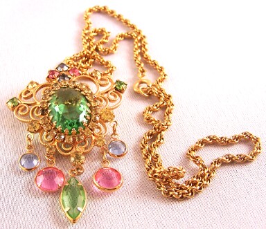 UNS41 goldtone pastel rhinestones filigree pendant